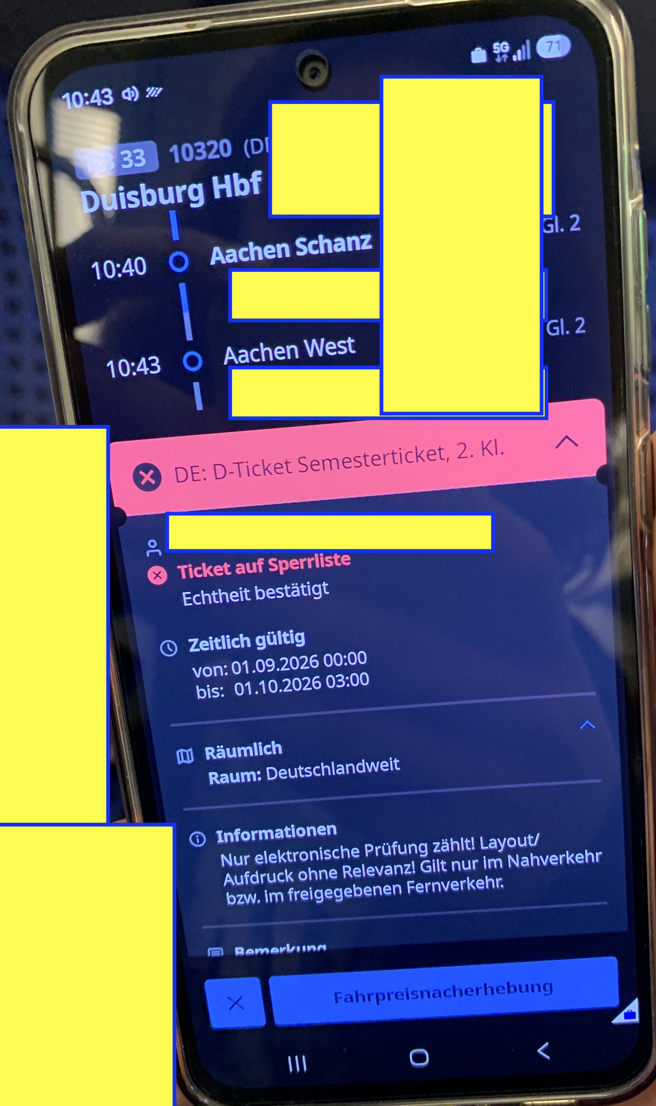 Photo of a phone showing the train RB 33 located between Aachen Schanz and Aachen West, and the result of scanning a D-Ticket Semesterticket, 2. Kl. which is "Ticket auf Sperrliste". There are a lot of yellow rectangles added on top of the photo.